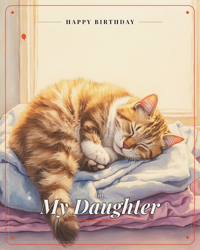 A ginger tabby cat lies curled and fast asleep on a rumpled pile of pale blue and dusky pink bedding, its tail wrapped neatly around its body, a birthday e-card design