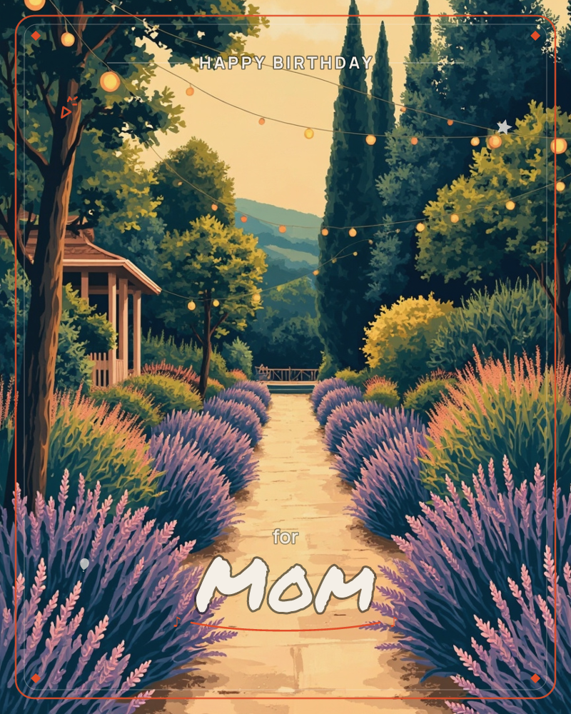 A stone path cuts through rows of blooming lavender toward a distant railing overlooking soft hills, with tall cypress trees and a small open-sided…, a birthday e-card design