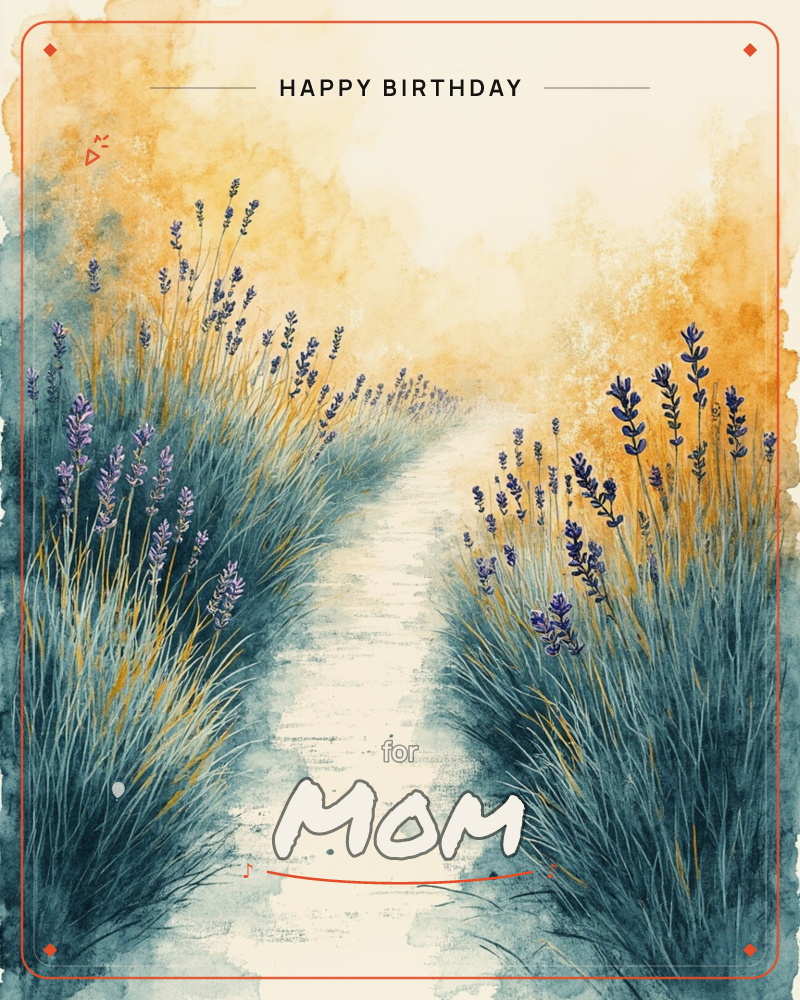 A narrow path winds through tall lavender and grasses toward a hazy golden horizon, painted in loose watercolour washes, a birthday e-card design