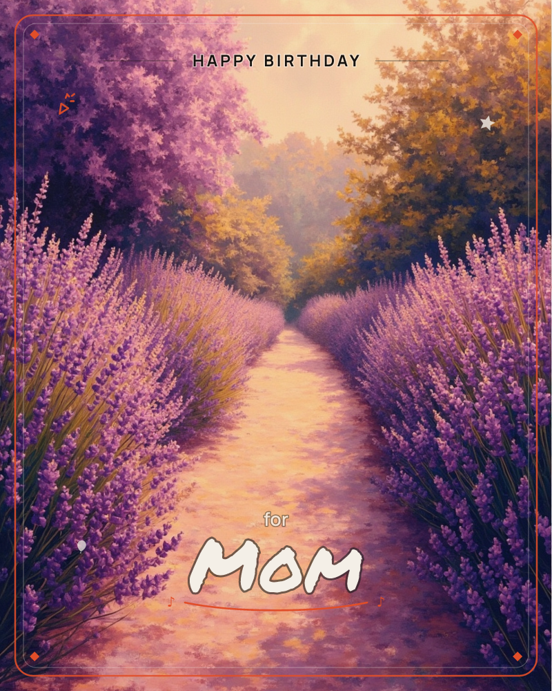 A sunlit path cuts straight through rows of blooming lavender, glowing gold and pink where the light hits the dust and petals, a birthday e-card design