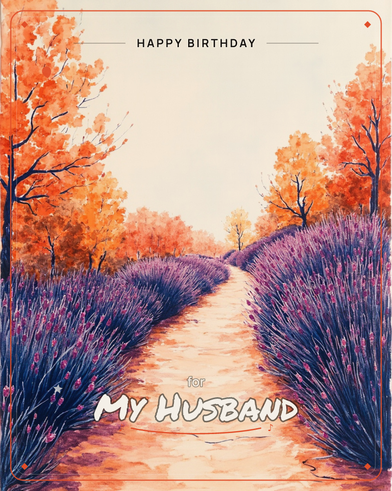A sandy path cuts straight between two dense rows of purple lavender bushes, leading toward a glowing stand of orange autumn trees under a pale sky, a birthday e-card design