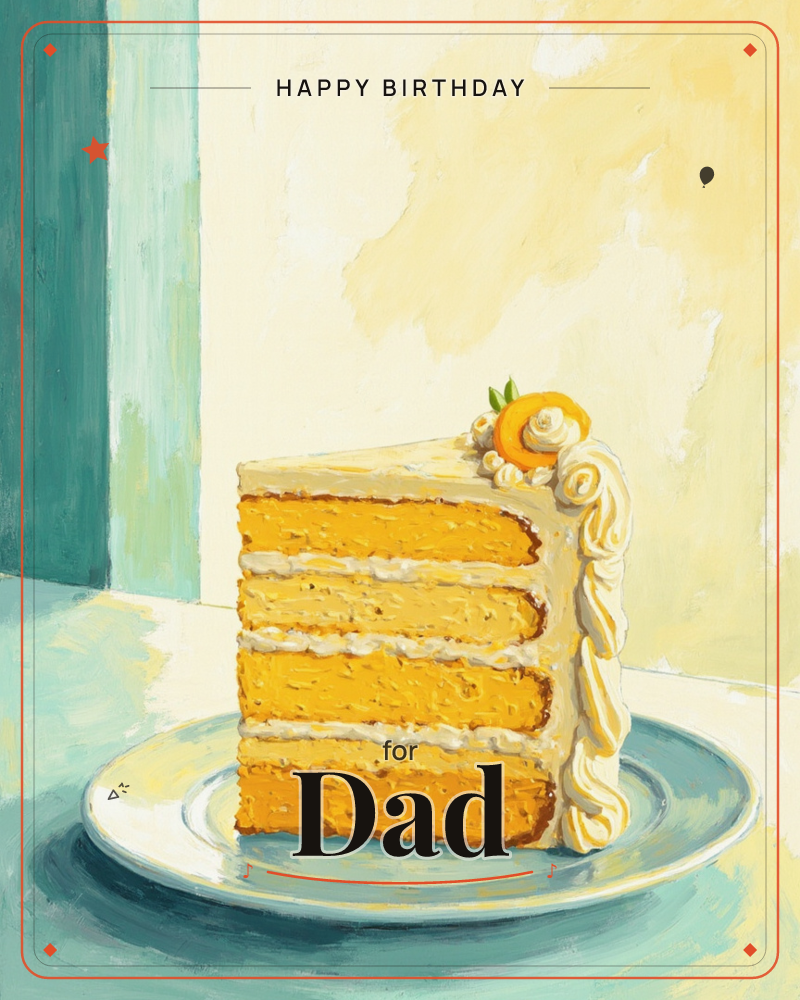 A single slice of layered orange cake sits on a pale blue plate, its buttercream frosting piped in soft swirls and topped with a candied orange slice, a birthday e-card design
