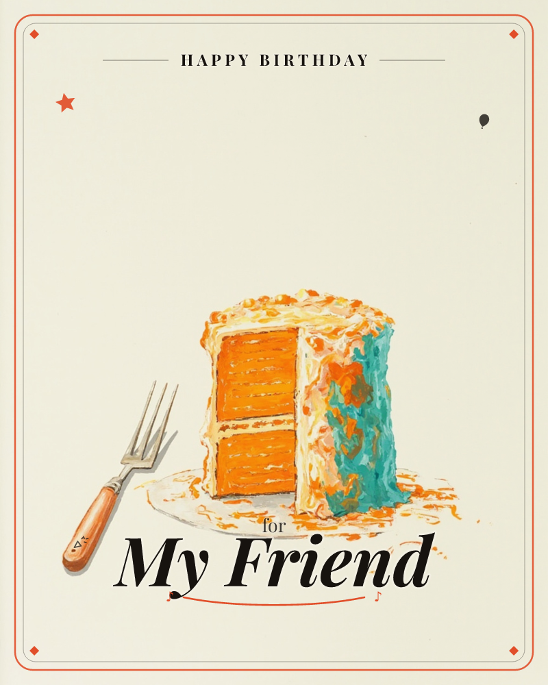 A painterly slice-cut layer cake sits on a white plate with a wooden-handled fork beside it, the sponge striped bright orange and the frosting streaked…, a birthday e-card design