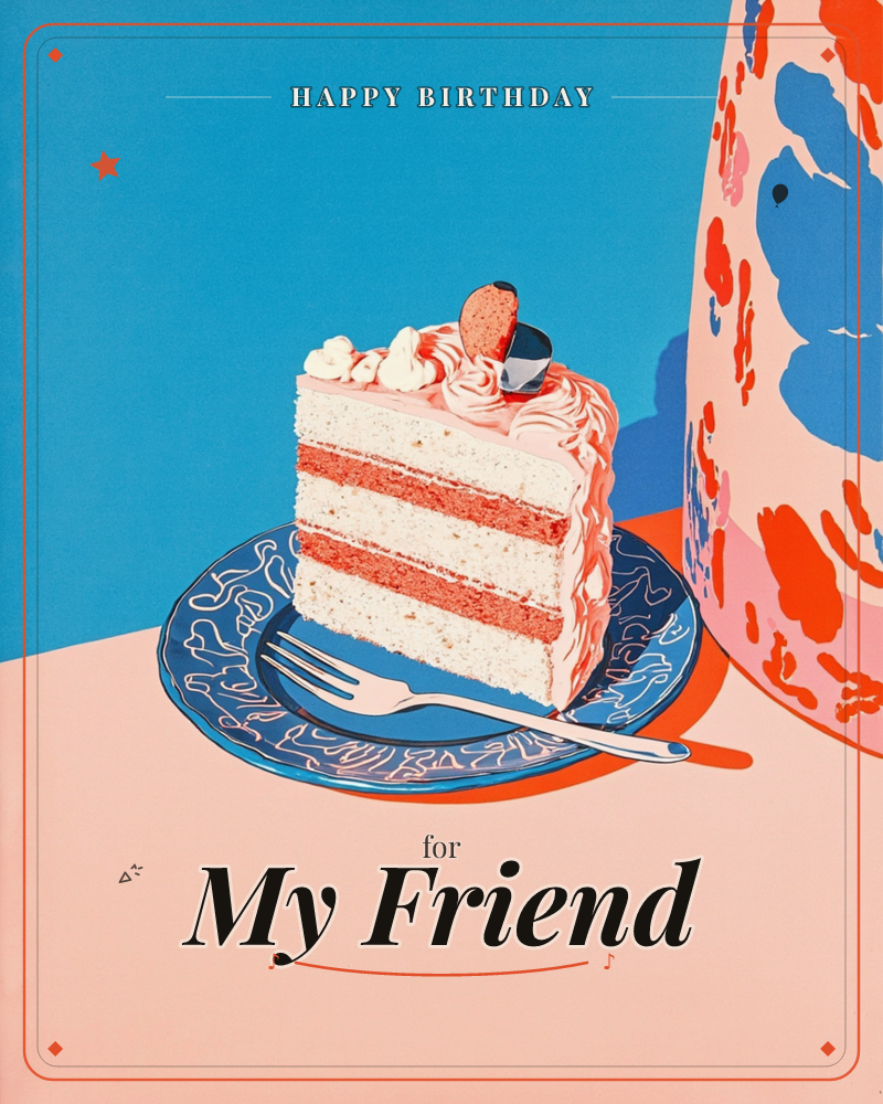 A tall slice of layered pink-and-white cake sits on a swirl-patterned blue plate against a bright blue backdrop, with a patterned red-and-pink vase…, a birthday e-card design