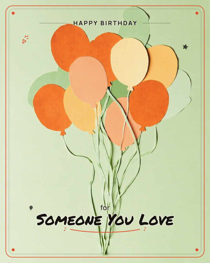 A cluster of paper-cut balloons in orange, peach, cream and sage sits against a soft pastel green background, their curling paper strings trailing down…, a birthday e-card design