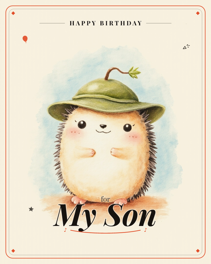 A round, rosy-cheeked hedgehog stands on a warm brown surface against a soft blue watercolour cloud, wearing an upside-down leaf as a tiny explorer's…, a birthday e-card design