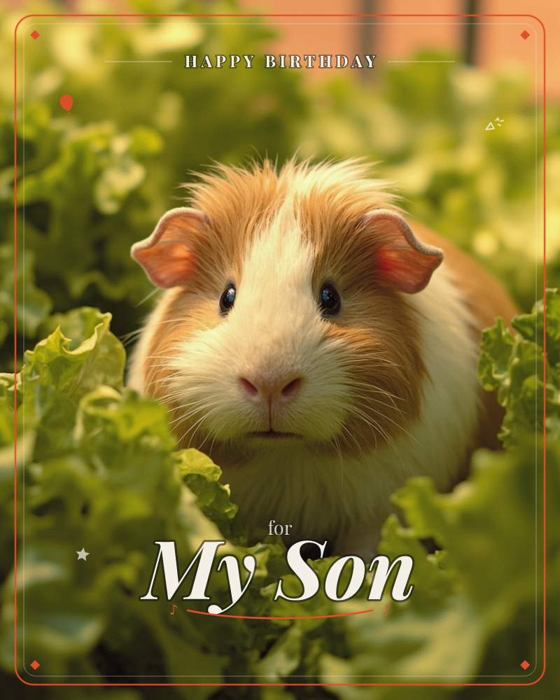 A fluffy orange-and-white guinea pig peers out from a bed of curly lettuce leaves, its pink ears catching warm golden light, a birthday e-card design