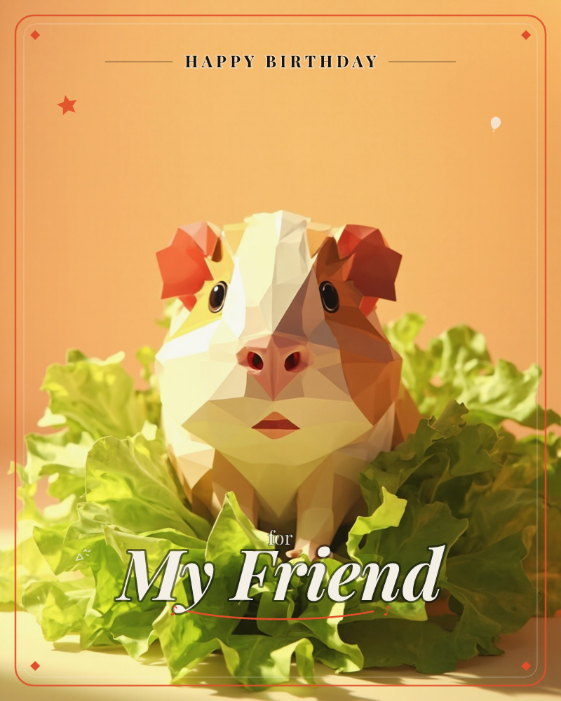 A low-poly guinea pig with cream and rust patches peers straight out from a nest of crinkled lettuce leaves, its faceted little face lit by warm golden…, a birthday e-card design