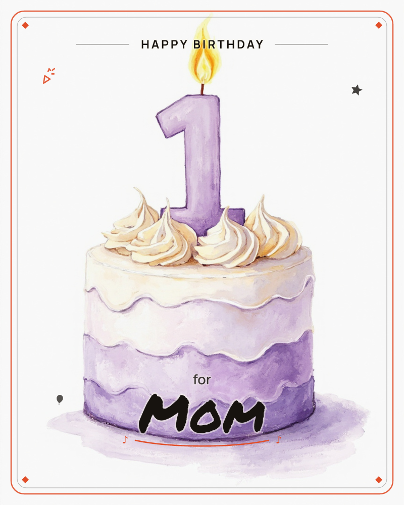 A single round cake painted in soft watercolour, its sides swept with wavy layers of lilac and cream, a birthday e-card design