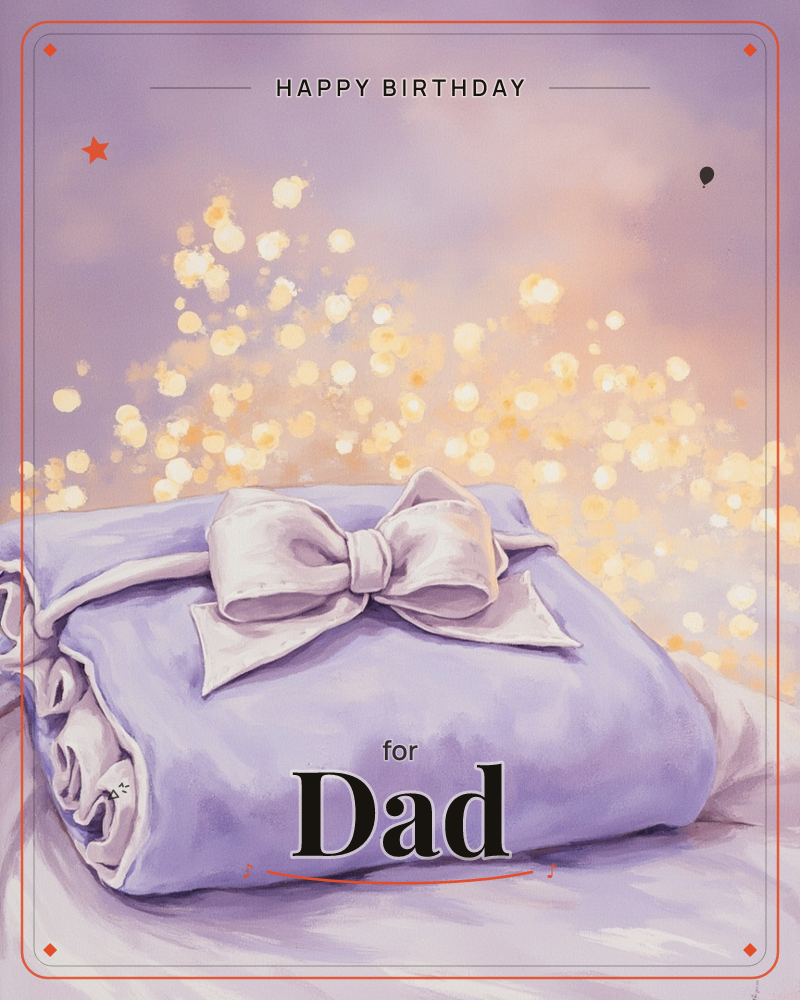 A folded lavender fabric bundle, tied with a soft satin bow, sits wrapped like a gift on a pale surface, a birthday e-card design