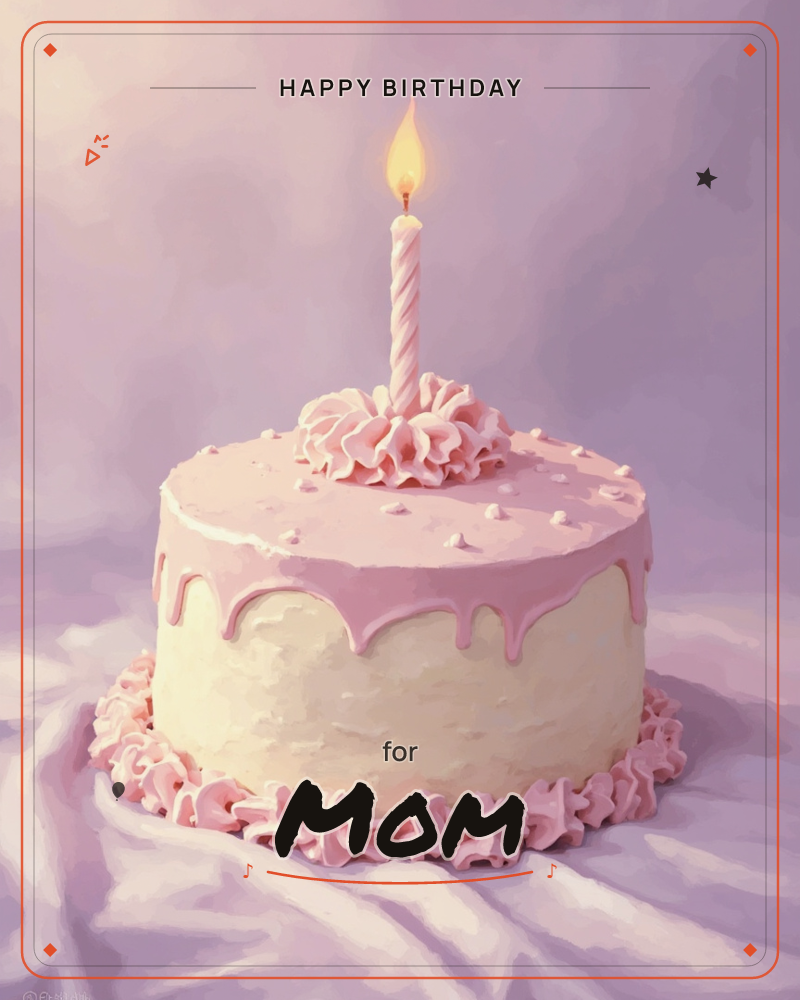A single-tiered cake sits on rumpled fabric, its cream frosting draped with a soft pink glaze that drips down the sides, a birthday e-card design