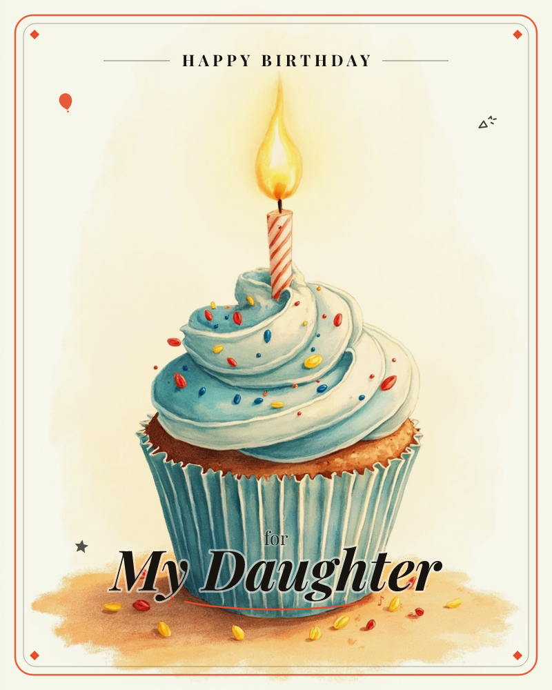 A single cupcake sits on a warm gold background, its blue-teal frosting swirled high and scattered with red and yellow sprinkles, a birthday e-card design