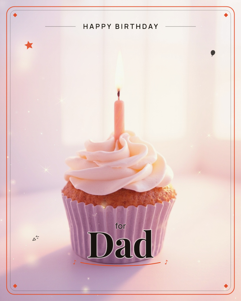 A single cupcake sits in a soft lavender wrapper, its swirl of pale buttercream topped with one lit pink candle, a birthday e-card design