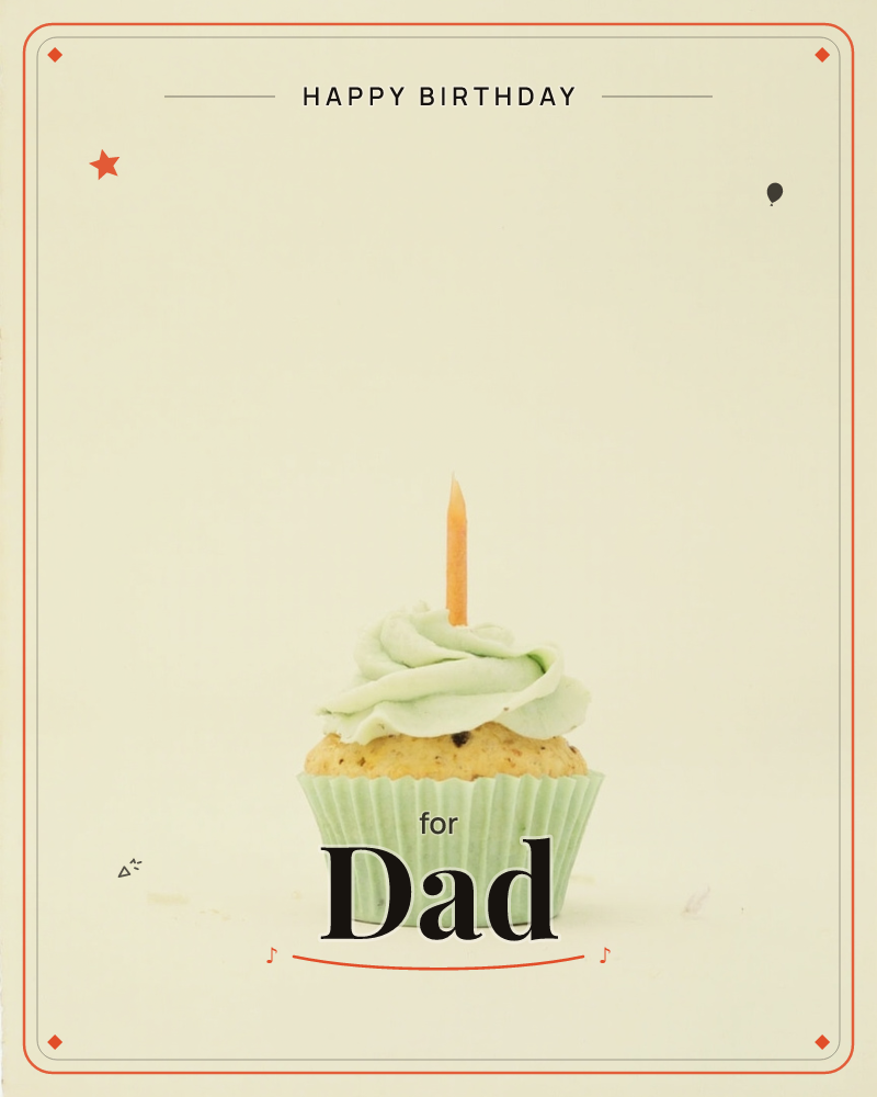 A single cupcake sits centred against a plain pale cream backdrop, its swirl of mint-green frosting topped with one slim orange candle, a birthday e-card design