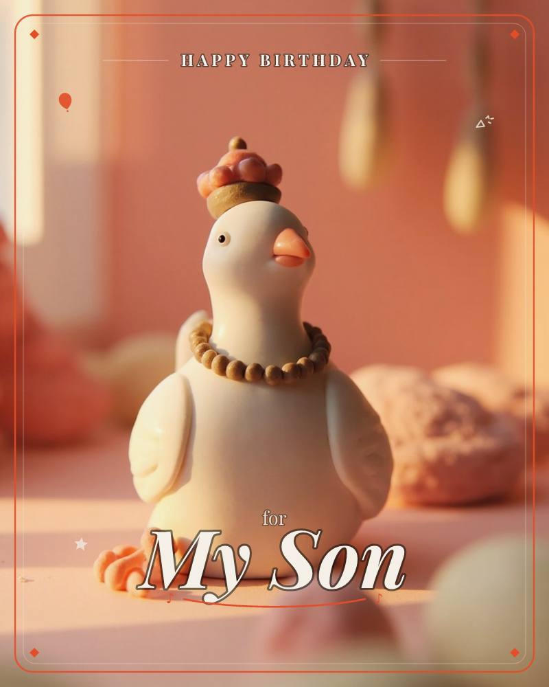A small white clay bird figure sits proudly on a soft pink surface, wearing a tiny crown-like topper and a beaded necklace, a birthday e-card design