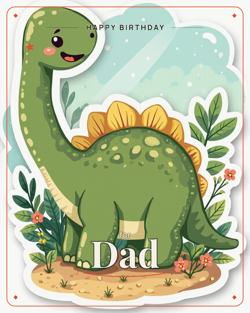 A cheerful green long-necked dinosaur with a spiky yellow-plated back stands smiling among leafy plants and small pink flowers, set against a soft blue…, a birthday e-card design