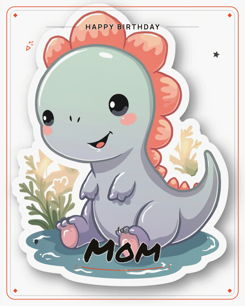 A round-bellied baby dinosaur with a mint-green head and coral spikes sits happily in a shallow puddle, tiny pink feet tucked forward, a birthday e-card design