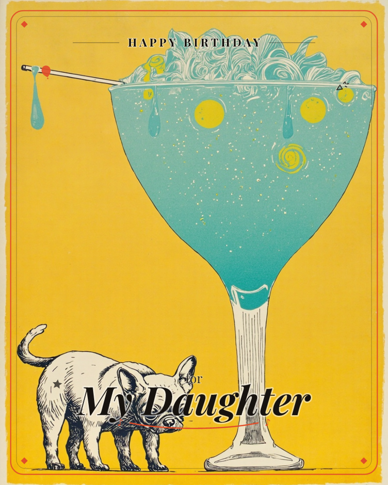 A bold illustration on a mustard-yellow background shows a giant turquoise cocktail glass piled high with frothy foam, dotted with lemon-yellow…, a birthday e-card design