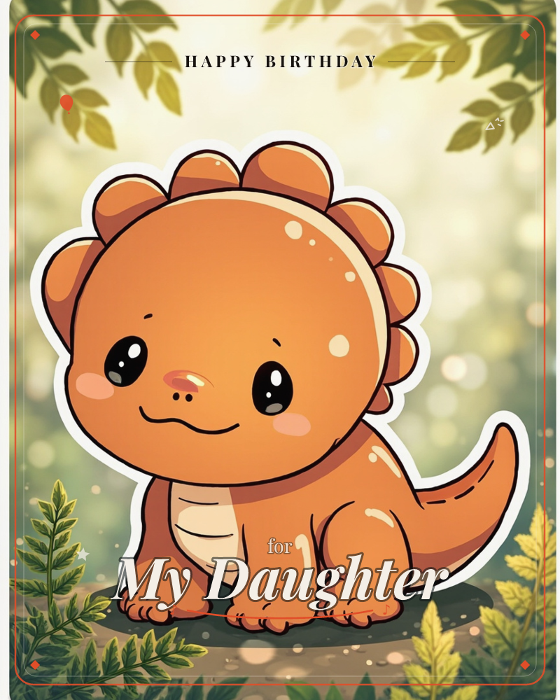 A round, orange baby dinosaur with a row of soft spikes down its back sits smiling on a forest floor, surrounded by ferns and dappled leaves, a birthday e-card design