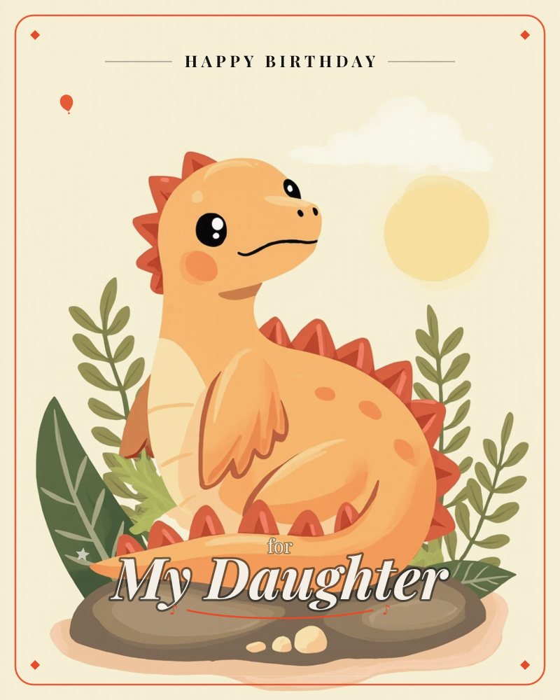 A round-eyed orange dinosaur with a ridge of red-orange spikes sits curled up on a brown rock, tail tucked beneath it, surrounded by leafy green fronds, a birthday e-card design