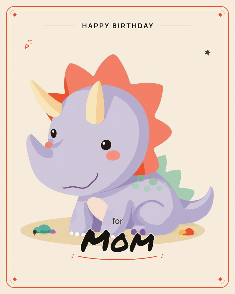 A cartoon baby triceratops sits alone on a pale sandy patch against a soft cream background, its lavender body dotted with mint-green spots and topped…, a birthday e-card design