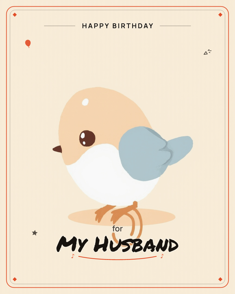 A round, plump little bird sits alone on a soft peach background, its belly white and its wing a dusty blue-grey, a birthday e-card design