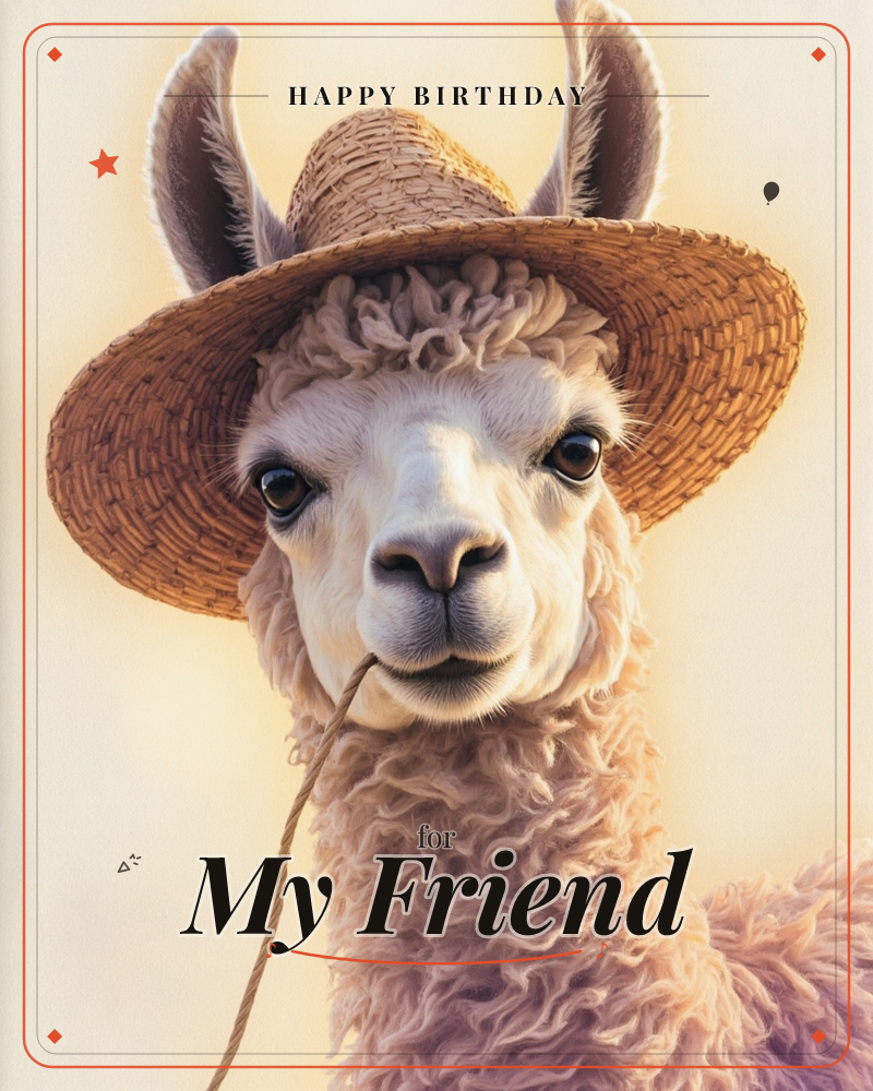 A close-up portrait of an alpaca with a woolly cream-and-tan coat, wearing a woven straw sunhat with a chin cord dangling below its chin, a birthday e-card design