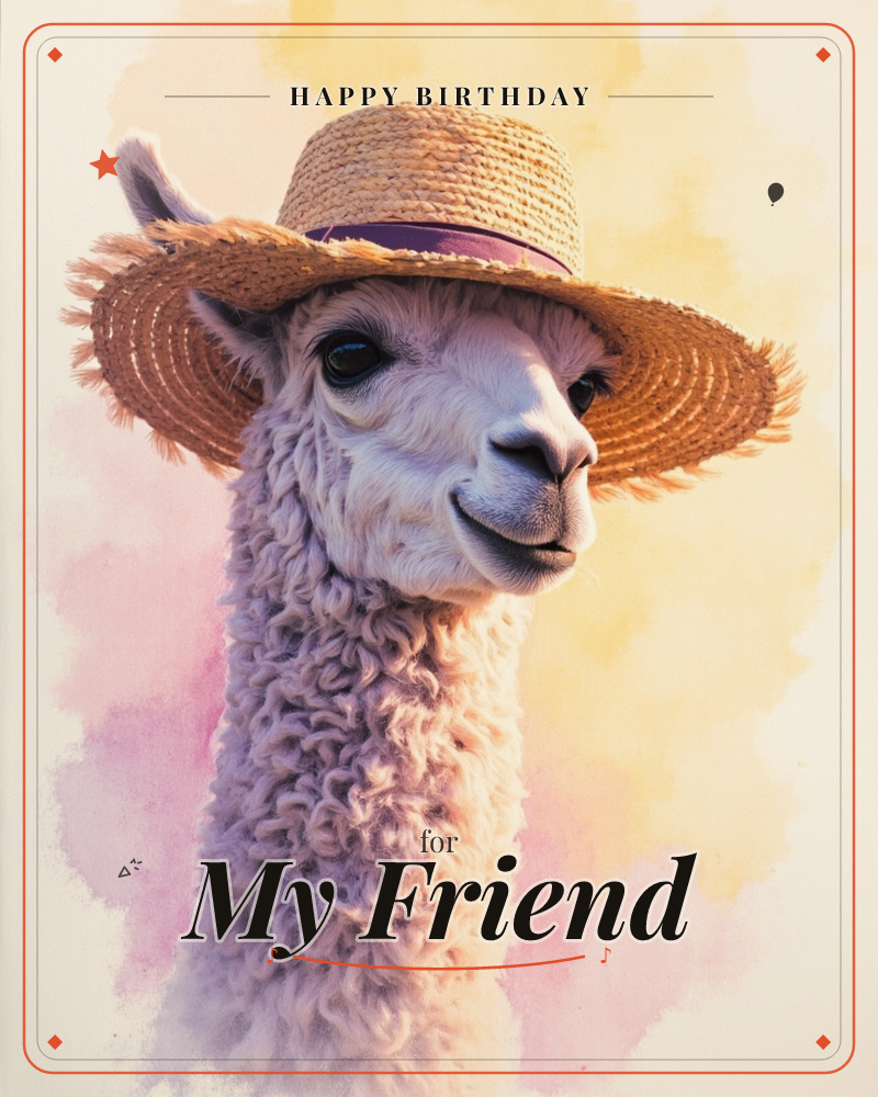 A curly-fleeced alpaca gazes off to the side wearing a frayed straw sunhat with a dusty pink band, its ears poking through the brim, a birthday e-card design