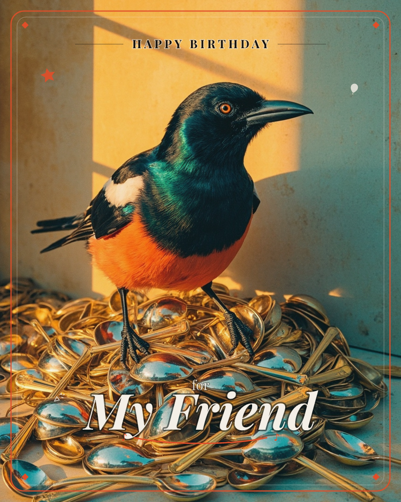 A glossy-plumed bird with an iridescent teal-black head, white shoulder patch, and bright orange breast perches atop a heaped pile of shiny gold spoons, a birthday e-card design