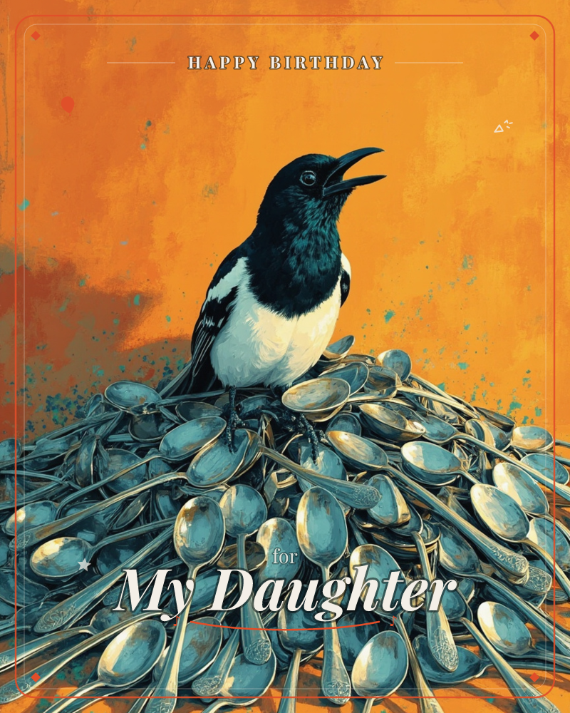 A black and white magpie perches atop a glinting hoard of silver spoons, beak open as if mid-cackle, against a mottled orange and amber background, a birthday e-card design
