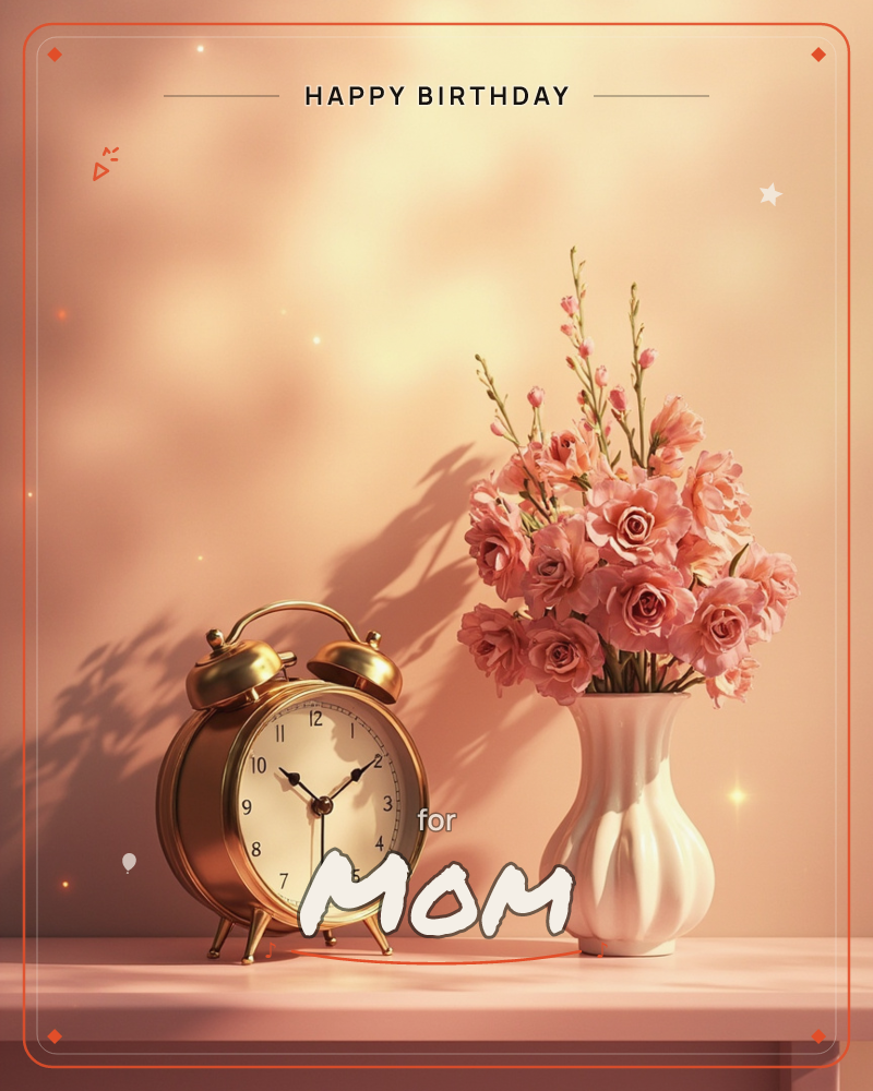 A brass twin-bell alarm clock sits beside a fluted white vase of pink roses on a blush pink shelf, softly lit against a warm rosy wall with a gentle…, a birthday e-card design