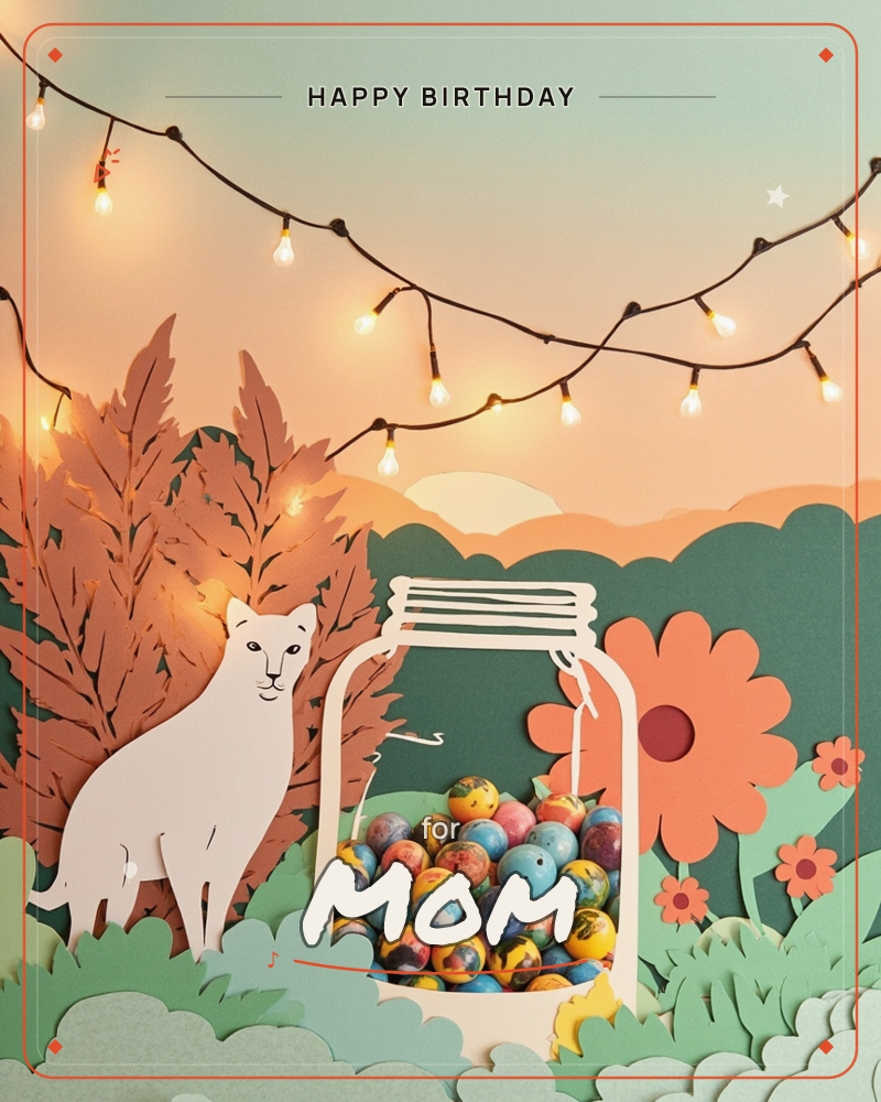 A paper-craft diorama shows a white cat-like animal standing beside a jar filled with painted marbles, set among layered paper trees, hills, and a…, a birthday e-card design