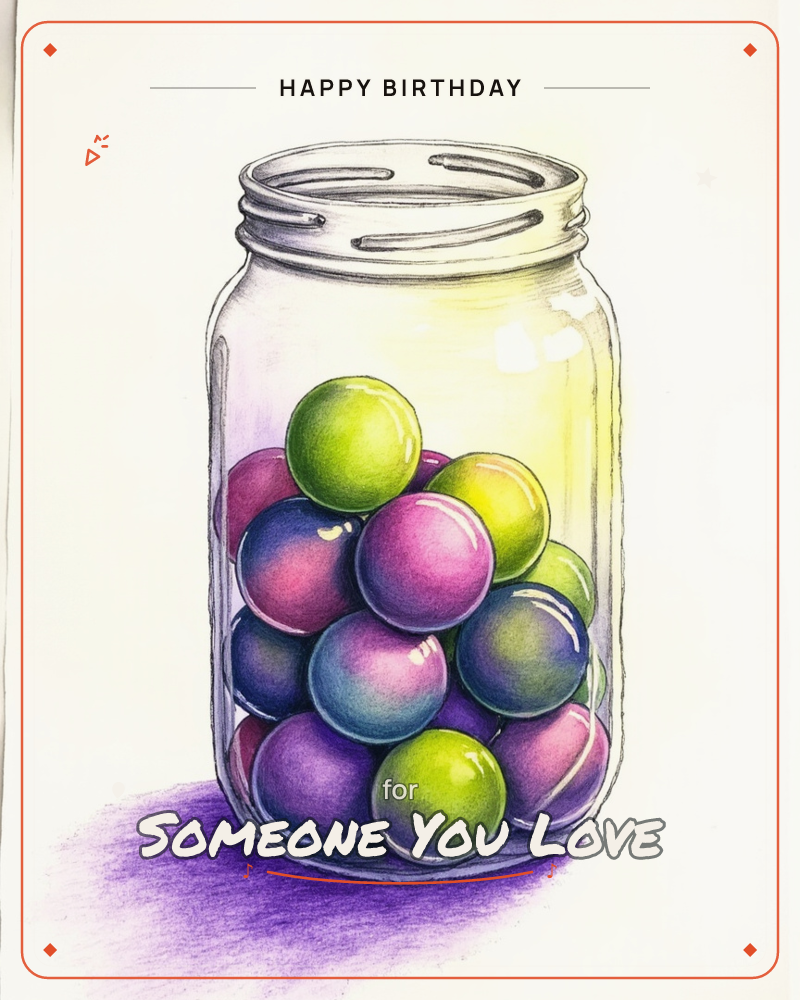 A glass mason jar sits alone on a plain cream background, packed with glossy round marbles or gumballs in lime green, magenta, and deep purple-blue, a birthday e-card design