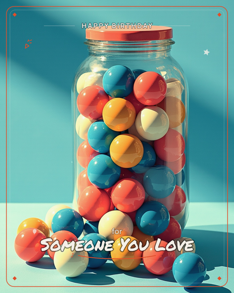 A glass jar with a red screw-top lid sits packed full of glossy gumballs in red, teal, mustard and cream, with a handful spilled loose across the table…, a birthday e-card design