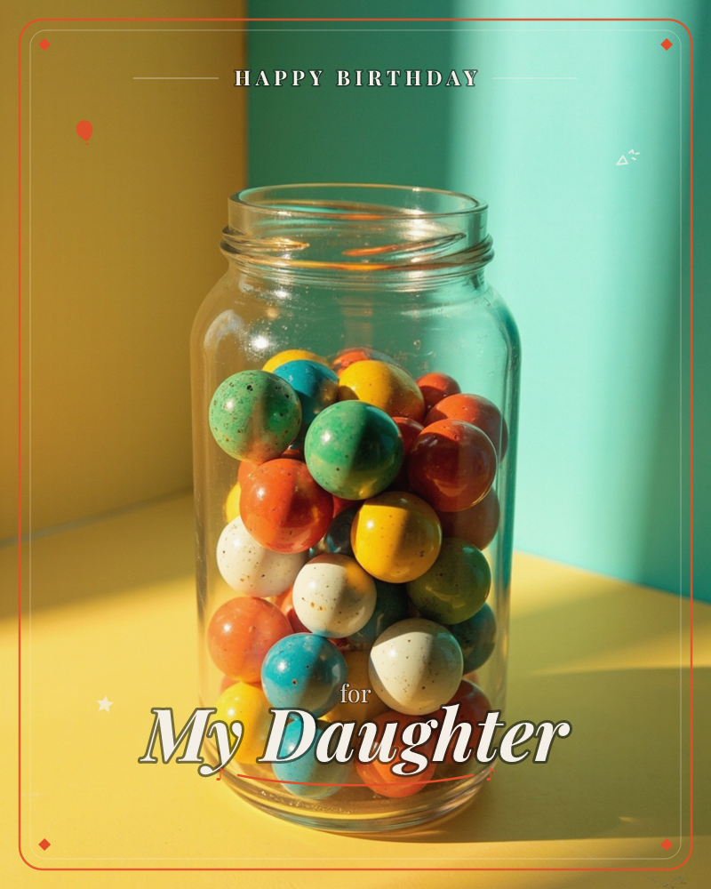 A glass jar packed with speckled marbles in red, green, yellow, blue and white sits on a sunlit yellow surface against a teal wall, a birthday e-card design
