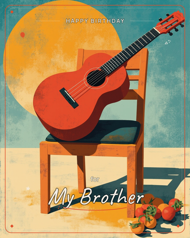 A red acoustic guitar rests slack against the back of a wooden chair, its neck angled up toward a large golden sun-disc painted on a teal sky, a birthday e-card design