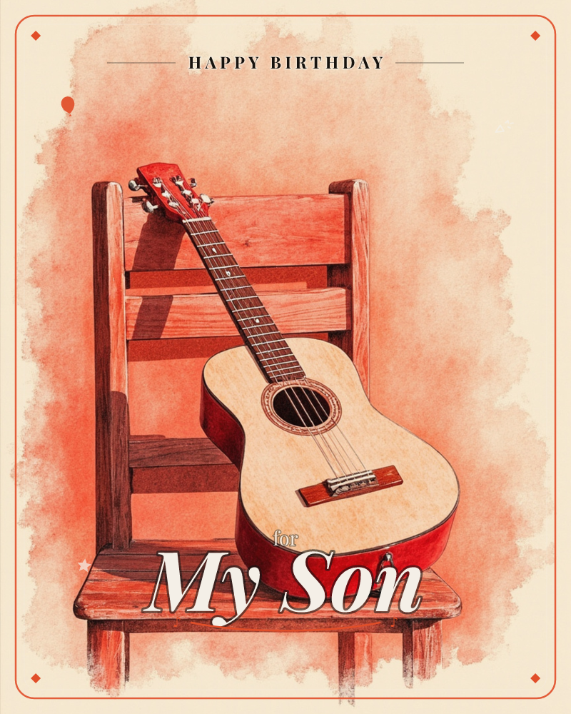 An acoustic guitar with a red-stained back and cream-coloured top rests against a wooden slatted chair, its neck leaning on the top rail, a birthday e-card design