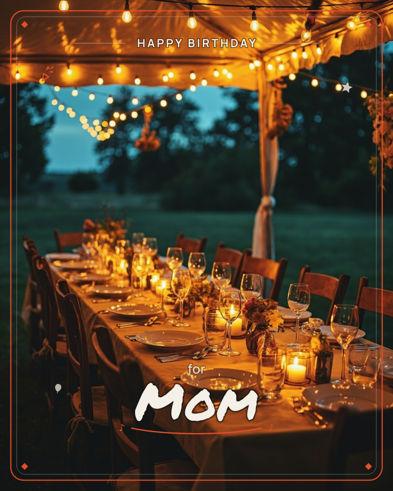 A long outdoor dinner table sits set under a canvas tent strung with warm fairy lights, glowing against the deep blue of dusk, a birthday e-card design