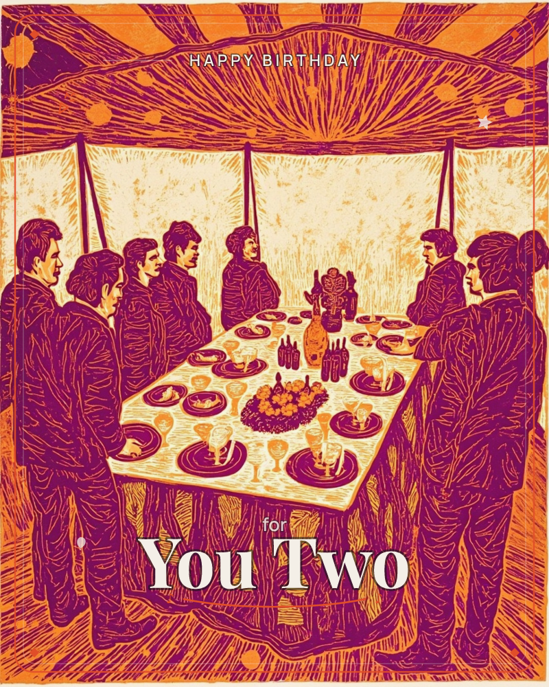 A woodcut-style print shows a group standing around a long banquet table set with plates, glasses, bottles, and a bowl of fruit, under a tent whose…, a birthday e-card design