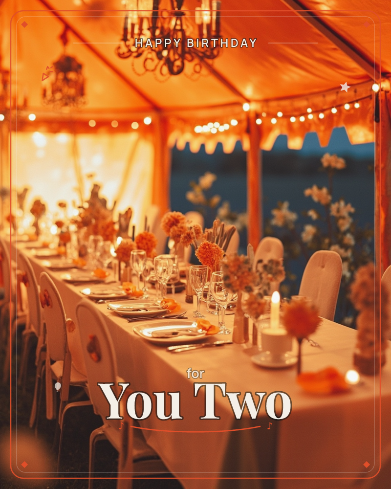 A long banquet table stretches beneath a glowing marquee, set with white linens, flickering candles, and clusters of orange and pink dahlias, a birthday e-card design