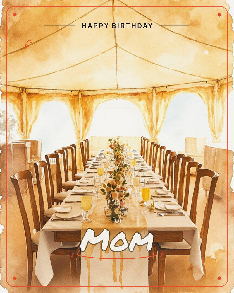A long banquet table stretches beneath a golden fabric marquee, set with rows of wooden chairs, glassware and small posies of peach and cream flowers, a birthday e-card design