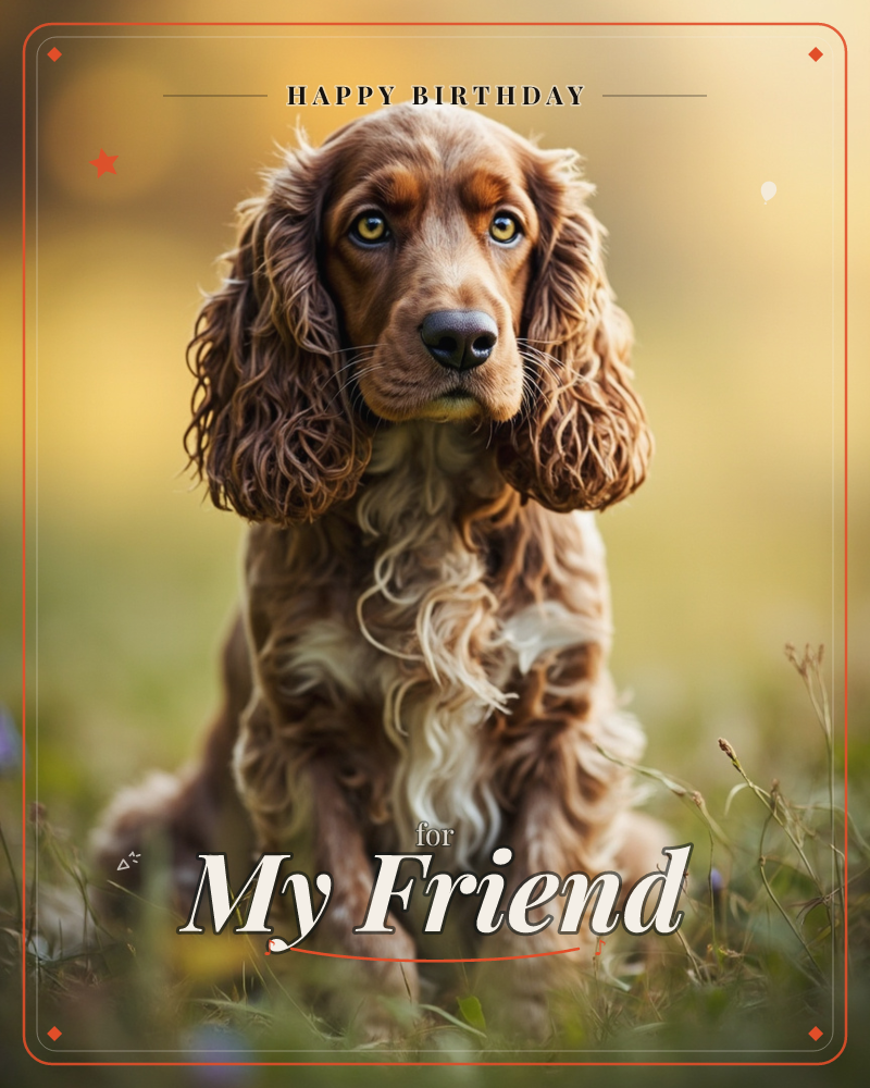 A spaniel with long, wavy chestnut ears sits upright in tall grass, its amber eyes fixed straight on the camera, a birthday e-card design