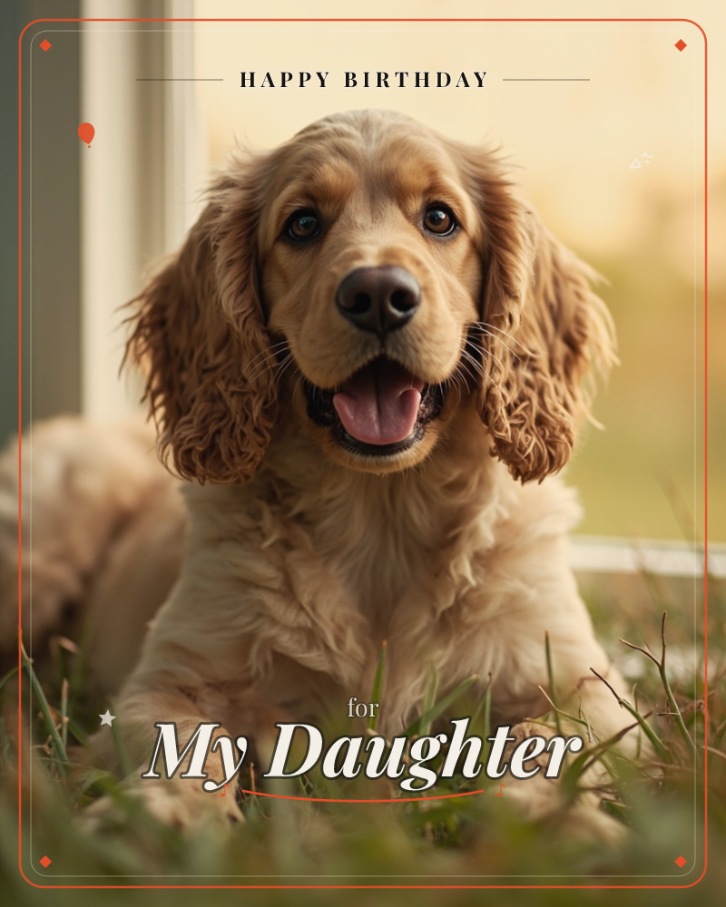 A golden cocker spaniel lies low in the grass, ears draped in soft curls, mouth open in a happy pant as warm evening light glows behind it through a…, a birthday e-card design