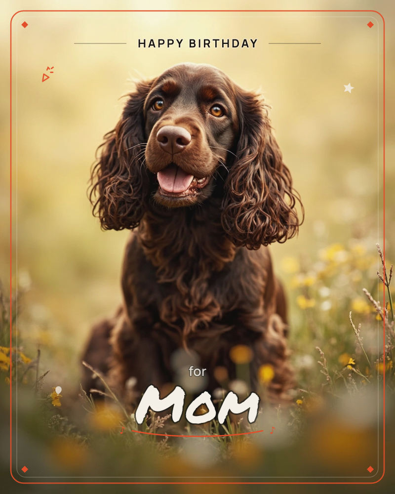 A chocolate-brown spaniel with long silky curled ears sits in a meadow of wildflowers, mouth open in a happy pant and eyes turned upward, a birthday e-card design