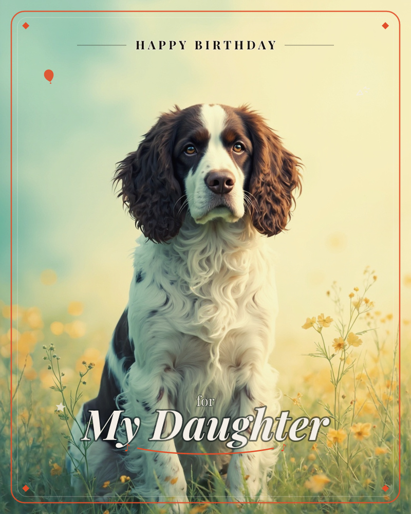 A brown and white spaniel sits upright in a meadow of small yellow wildflowers, its ears hanging soft against a curled white ruff, a birthday e-card design