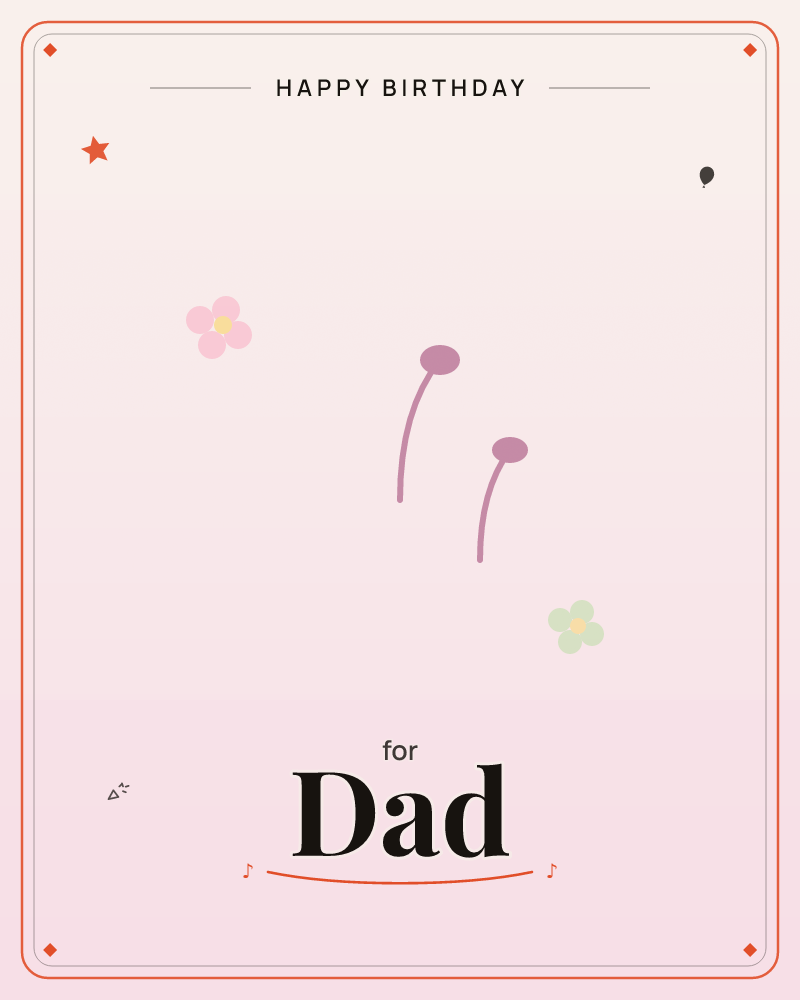A soft blush-pink background is scattered with a few delicate blossoms and two simple curved stems topped with round buds, a birthday e-card design by @DittyCityTeam