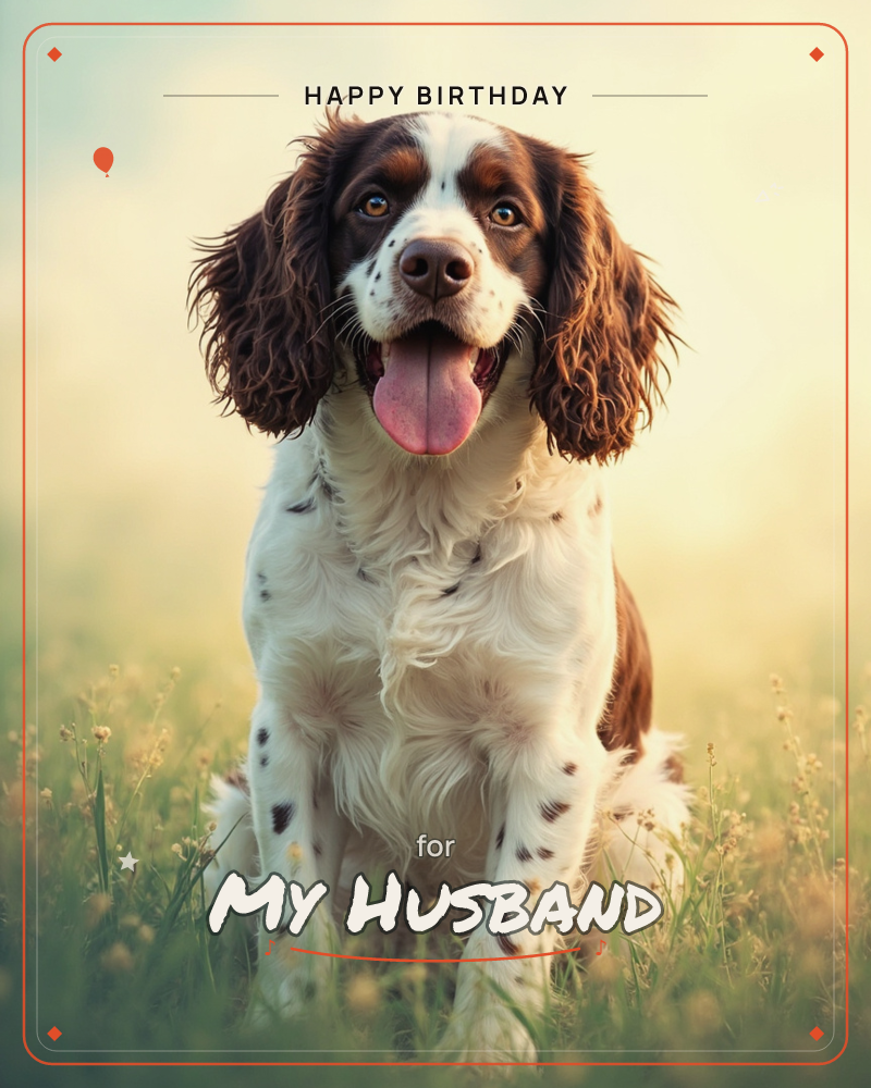 A liver-and-white spaniel sits upright in a meadow of tall grass and pale wildflowers, tongue out and ears hanging in soft curls, a birthday e-card design