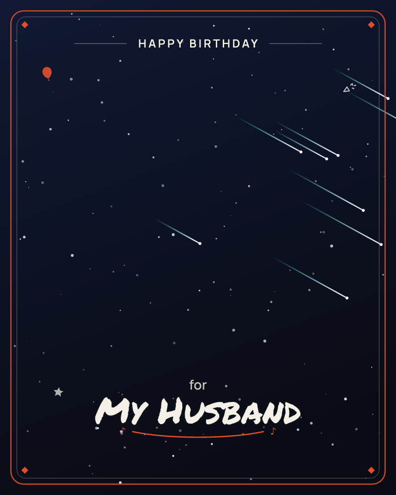 A deep midnight-blue sky is scattered with tiny stars while a cluster of meteors streaks diagonally across the upper right, their pale trails fading…, a birthday e-card design by @DittyCityTeam