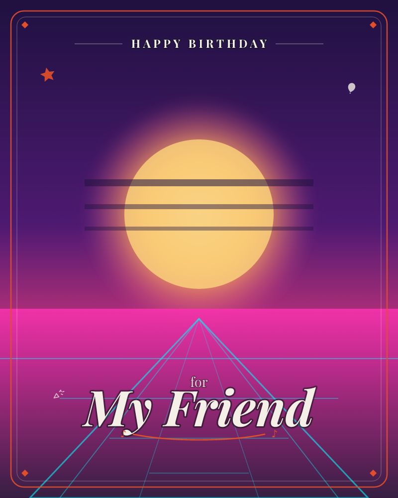 A glowing sun sits low against a purple-to-black gradient sky, striped by dark horizontal bars, above a hot pink horizon line, a birthday e-card design by @DittyCityTeam