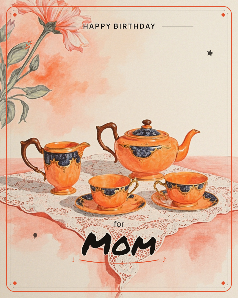 A vintage-style tea set in warm orange and navy porcelain sits arranged on a white lace cloth, with a teapot, creamer, and two matching cups and saucers, a birthday e-card design